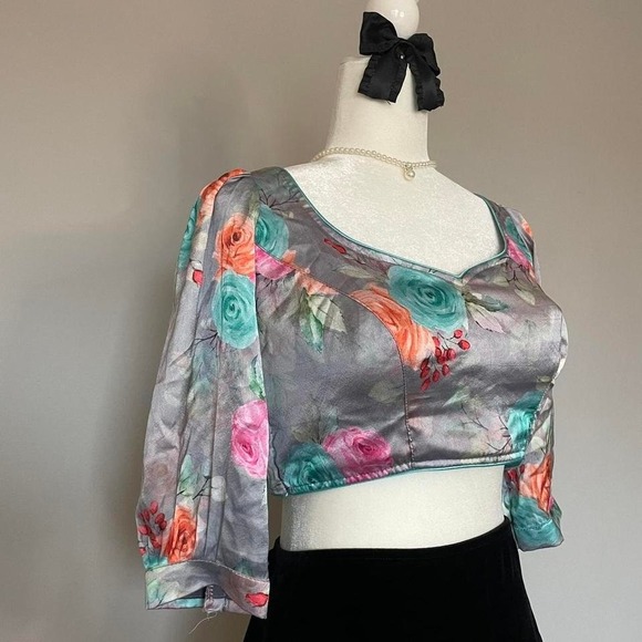 Vintage Floral Silk Bow Tie Back Crop Top - Picture 2 of 5